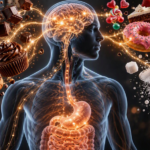 Imagem ilustrativa do cérebro e do sistema digestivo em representação científica, relacionada aos efeitos do açúcar no organismo e à discussão sobre dependência alimentar.