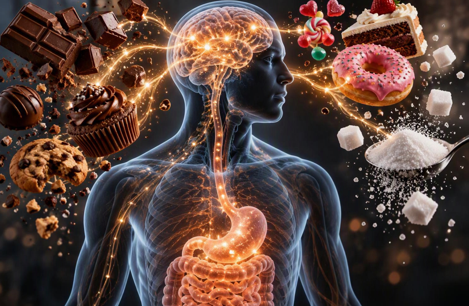 Imagem ilustrativa do cérebro e do sistema digestivo em representação científica, relacionada aos efeitos do açúcar no organismo e à discussão sobre dependência alimentar.